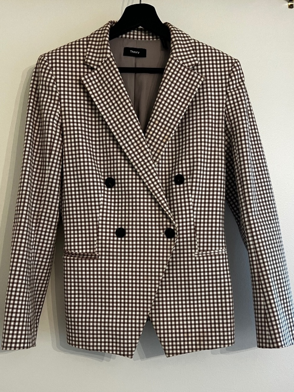 Theory Double Breasted Blazer Size 6 Ivory Grid Check Stretch - Picture 1 of 11